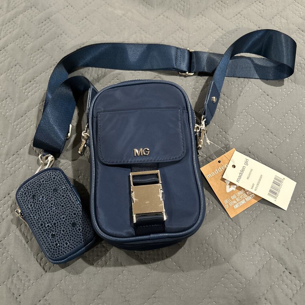 Madden Girl Crossbody Bag. Color: Blue with Ear Bud case attached.